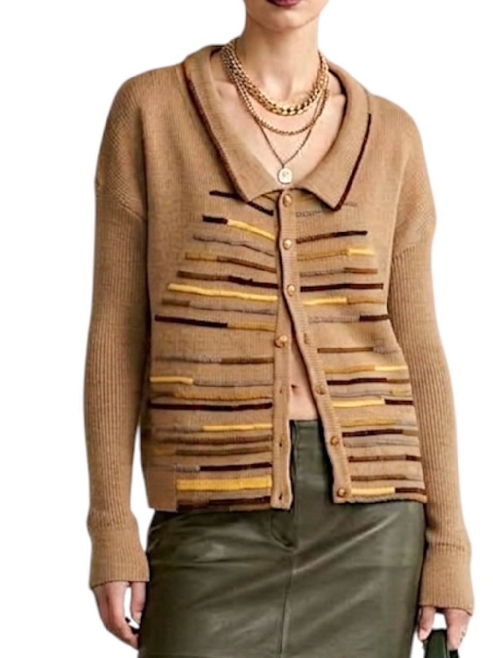 VTG Bolivian pure alpaca handmade tan vertical stripe boxy wood button cardigan